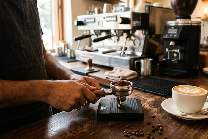 Barista weighing a 9 g dose of ground coffee on a scale beside a cappuccino