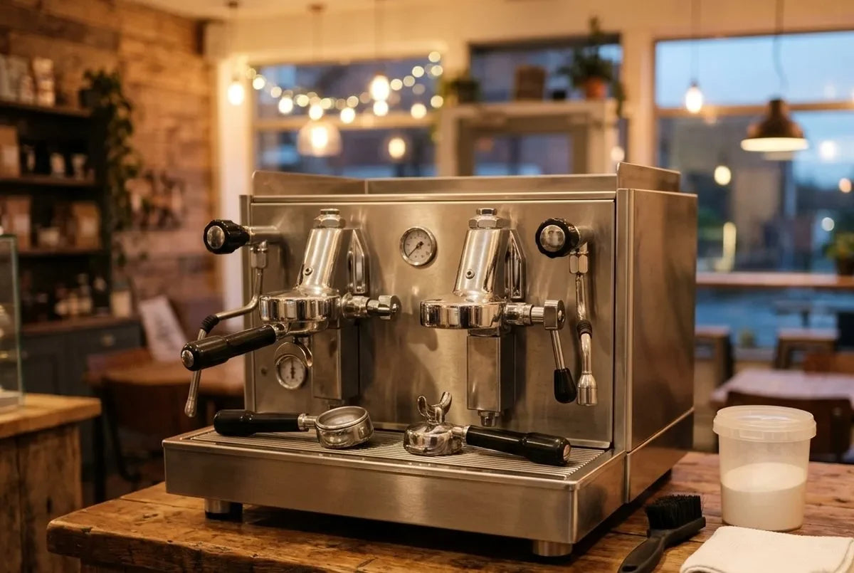 A café espresso machine after closing, with the portafilters out, a group-head brush, a cloth and cleaning powder beside it