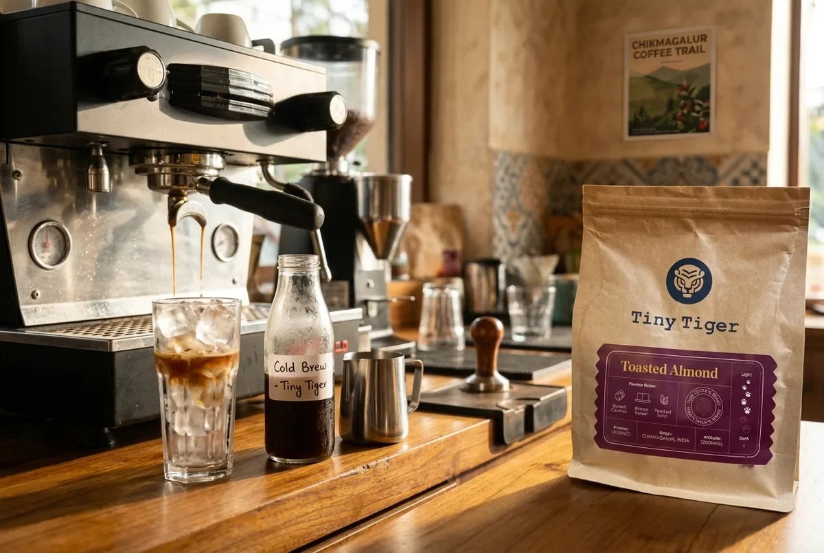 An espresso shot pouring over ice in a café, with cold brew and milk beside it