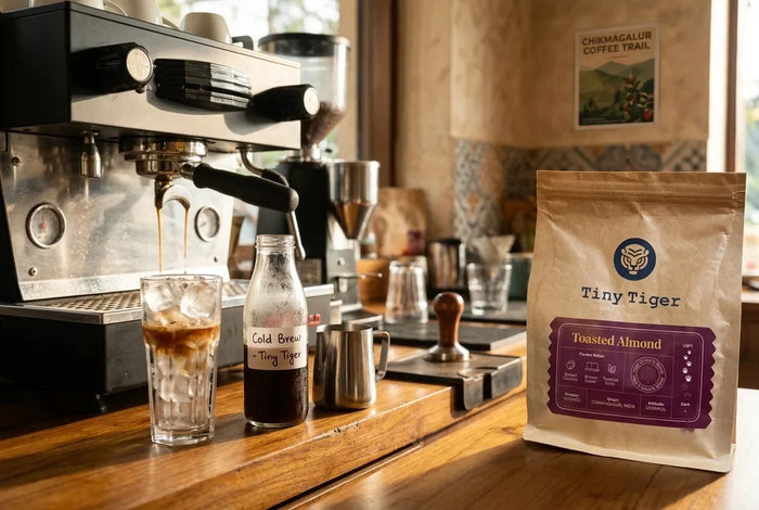 An espresso shot pouring over ice in a café, with cold brew and milk beside it