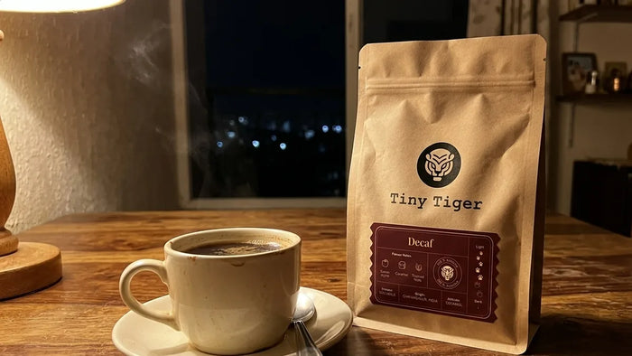 A cup of decaf coffee at night beside a Tiny Tiger Decaffeinated Toasted Almond pouch