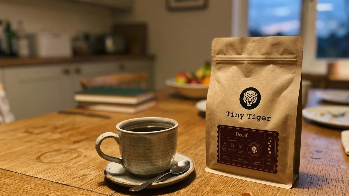 An evening cup of Tiny Tiger Decaf Toasted Almond coffee at home