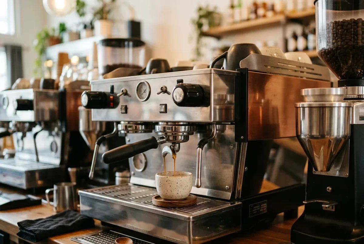 Espresso brewing from a café espresso machine