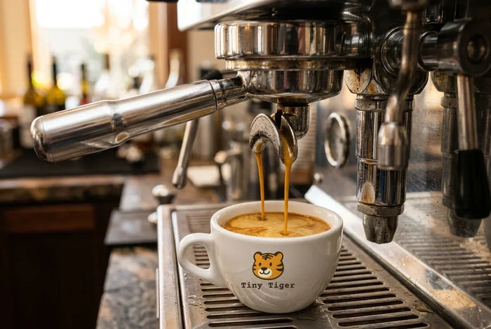 Espresso pouring into a Tiny Tiger cup on a café coffee machine