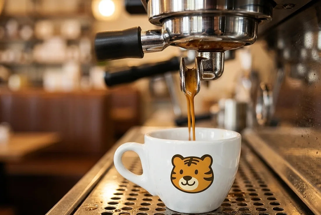 Espresso pouring into a Tiny Tiger Coffee cup on a café espresso machine