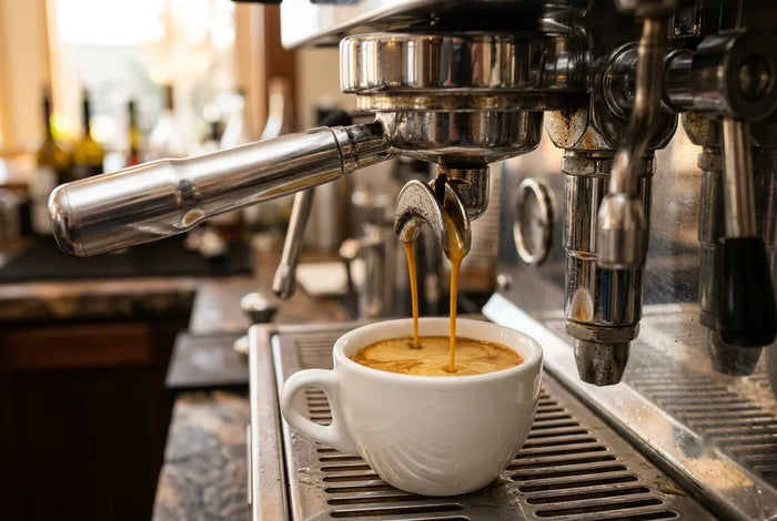 Espresso shot pouring from a café espresso machine