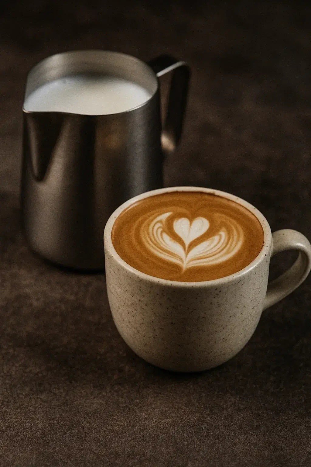 A latte with heart latte art beside a steel milk pitcher