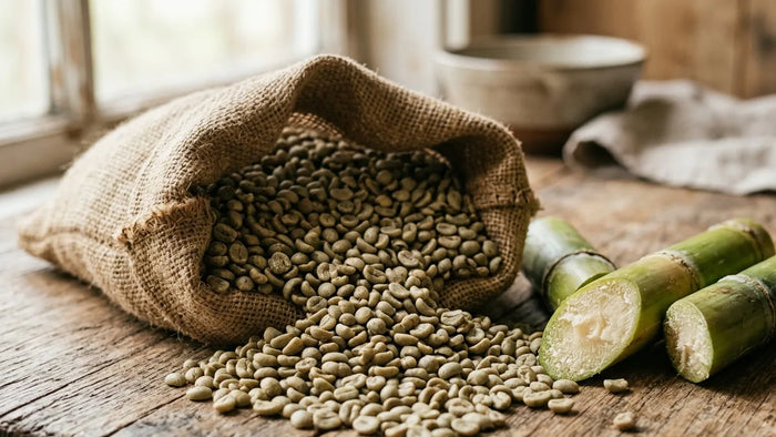Sugarcane decaf: green coffee beans and sugarcane, the source of ethyl acetate