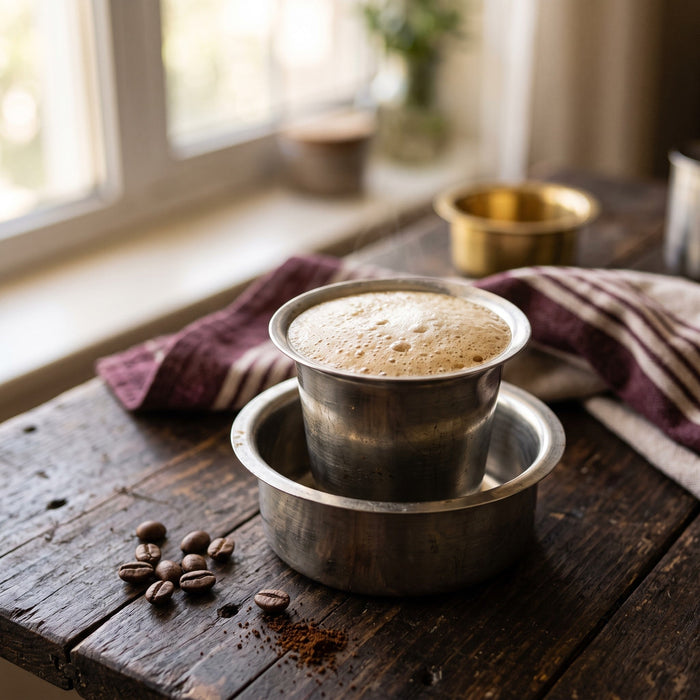 A steel dabara set on a wooden table, the tumbler topped with thick foam, roasted beans and ground coffee scattered beside it.