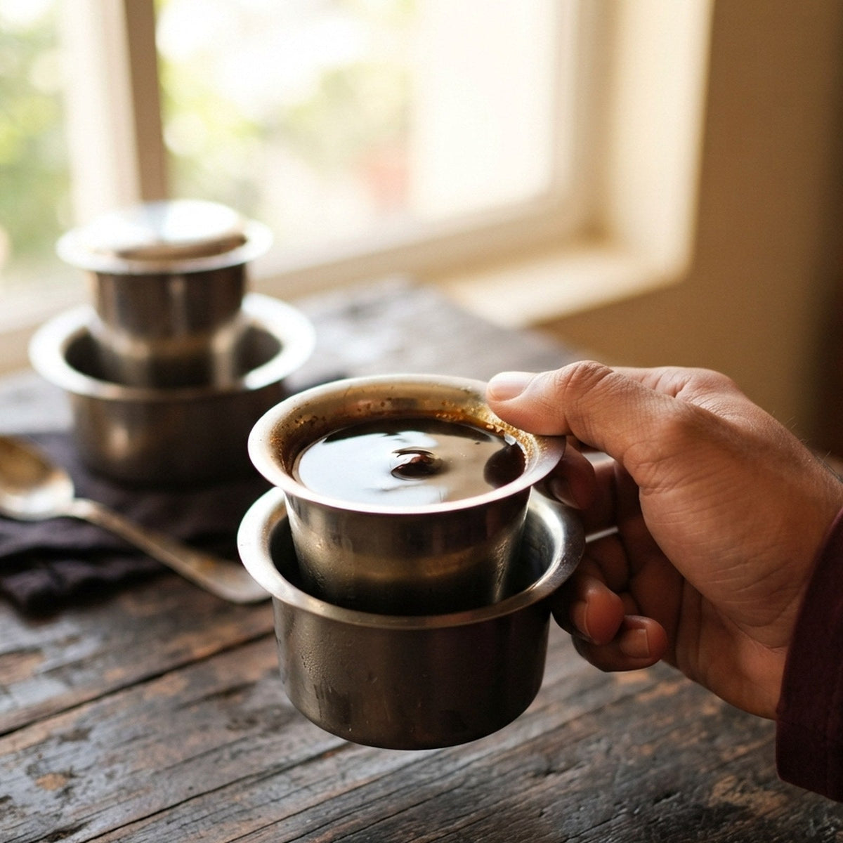 A hand holding a steel dabara tumbler of dark coffee decoction up to a window, with a second steel filter set on the wooden table behind it