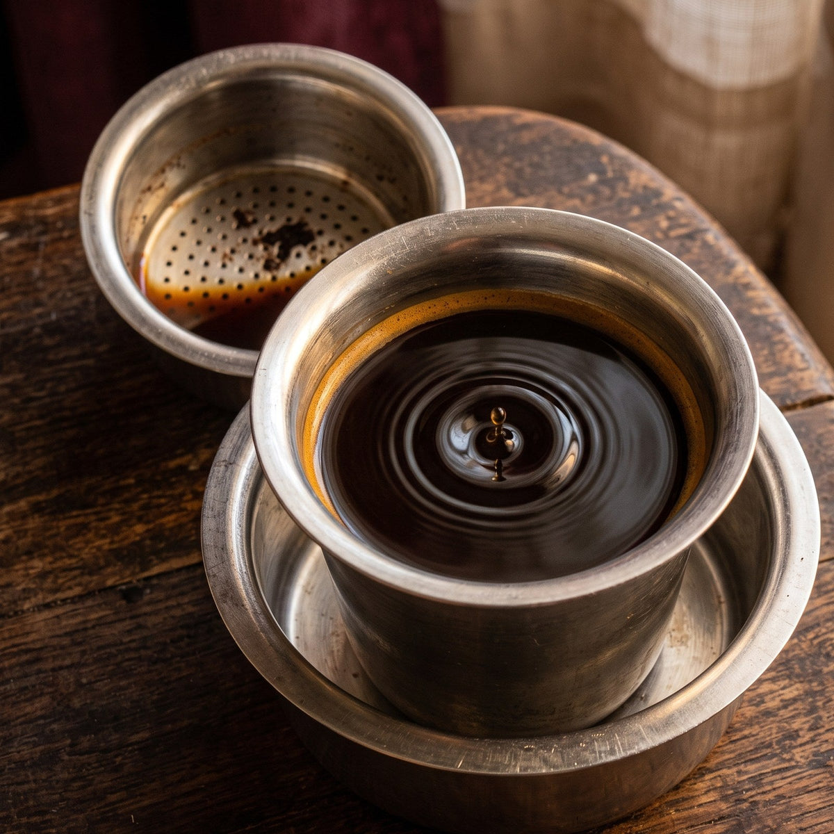 A steel South Indian coffee filter on a dark wooden table, the lower cup full of black decoction with a drop rippling its surface, the emptied upper chamber beside it.