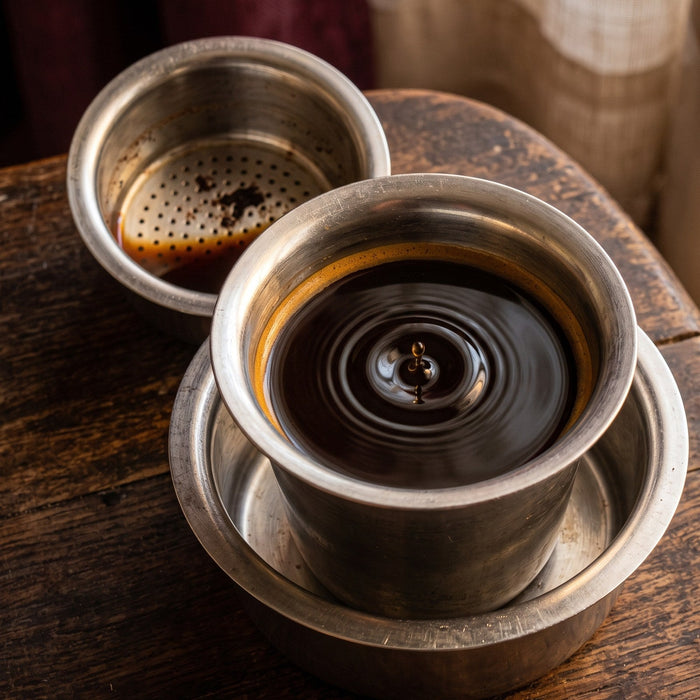 A steel South Indian coffee filter on a dark wooden table, the lower cup full of black decoction with a drop rippling its surface, the emptied upper chamber beside it.