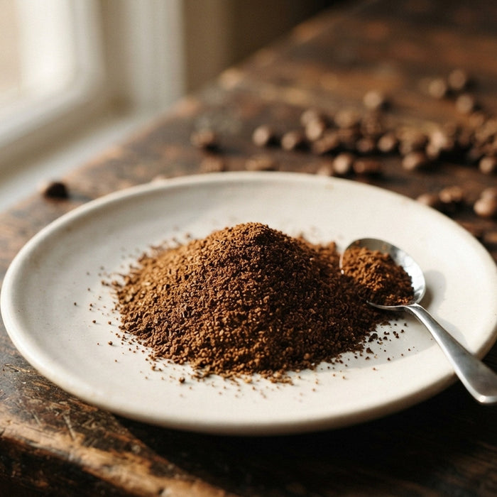A mound of fine, sandy ground coffee on a white ceramic plate, with a steel teaspoon of the same grounds beside it, on a dark wooden table by a window.