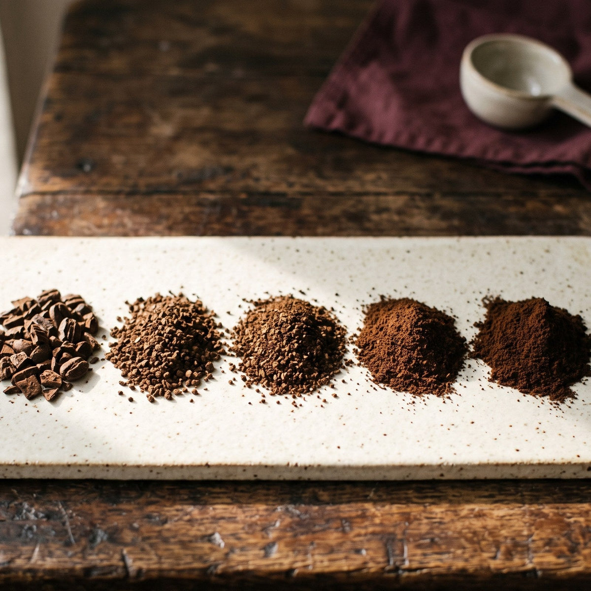 Five mounds of ground coffee in a row on a pale speckled ceramic slab, running from coarse cracked grounds on the left to fine espresso powder on the right, on a dark aged wooden table.