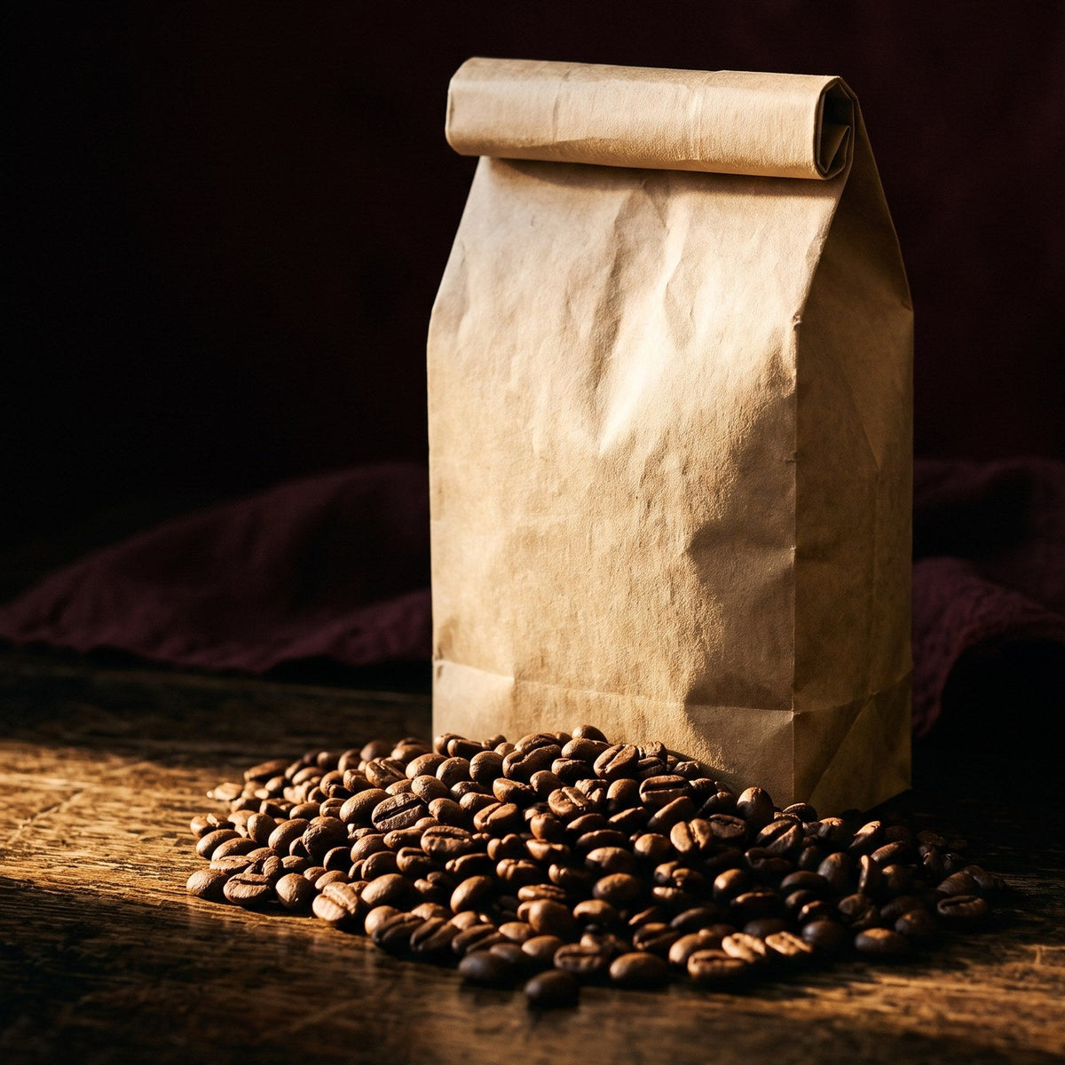 A plain kraft coffee bag with its top rolled shut, standing on dark wood with a heap of whole roasted coffee beans spilled at its base.
