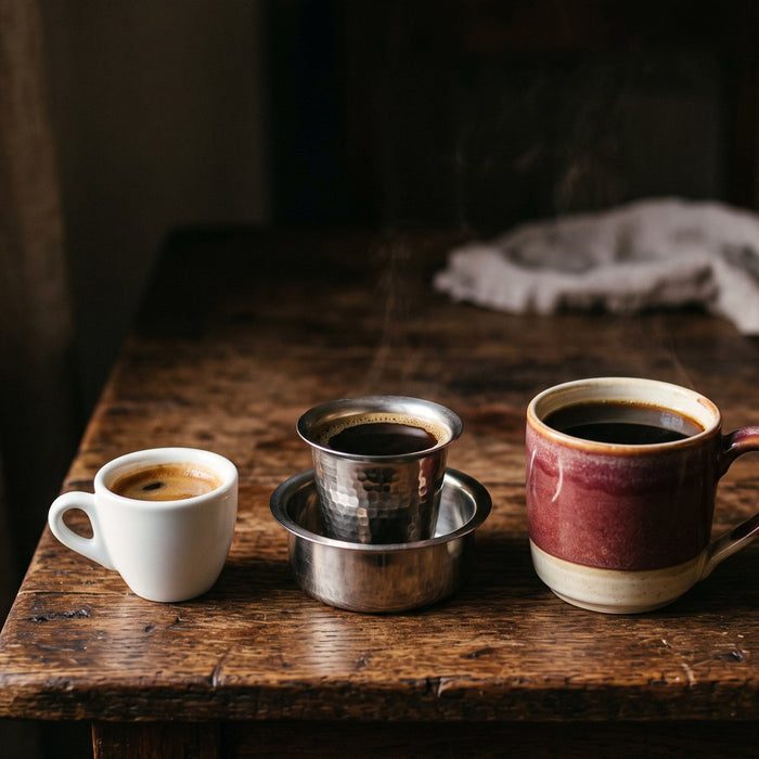 An espresso cup, a stainless steel dabara tumbler and a large ceramic mug lined up small to large on a dark wooden table, each holding black coffee.